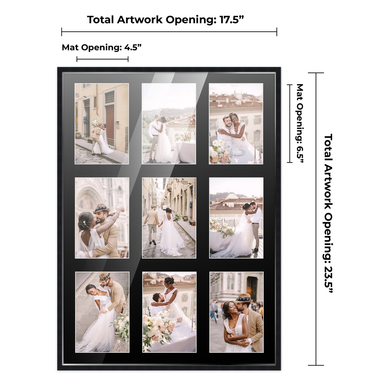 Black Finish Collage Frame - Black Mat, 20 Frame Sizes to Choose From, UV Acrylic, Wall Hanging Hardware, Vertical or Horizontal Display